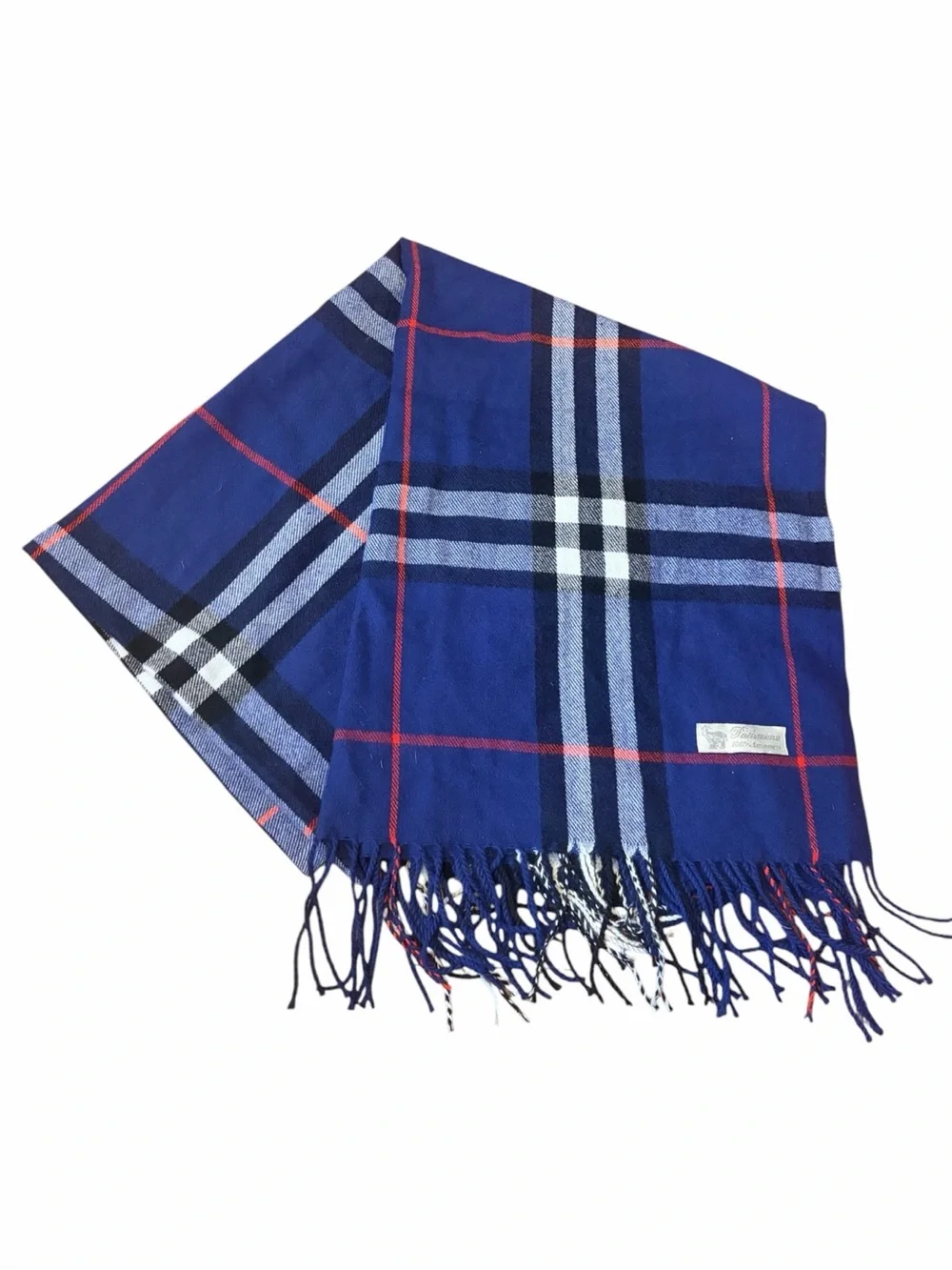 100% Cashmere Unisex Blue Red Black White Plaid Fringe Scarf